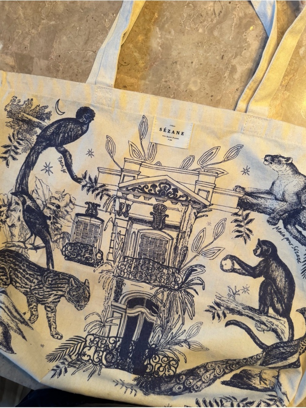 Sezane Cream Canvas Tote with Navy Architectural & Animal Print